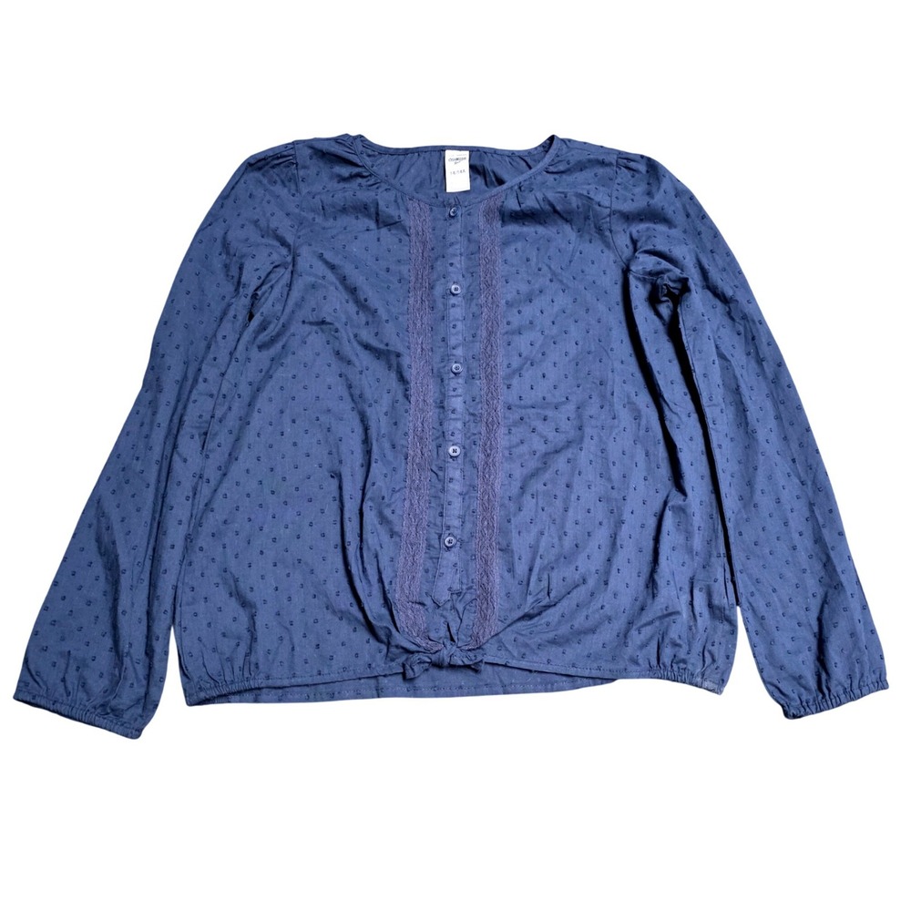 OshKosh Bgosh Lace Trim Tie Front Blouse Girl's Size 14 14A Navy Blue Swiss Dot